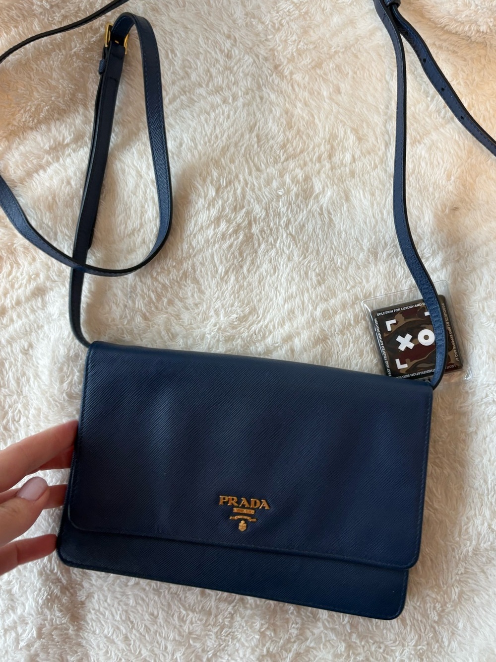 Prada Navy Saffiano Crossbody with Gold Logo